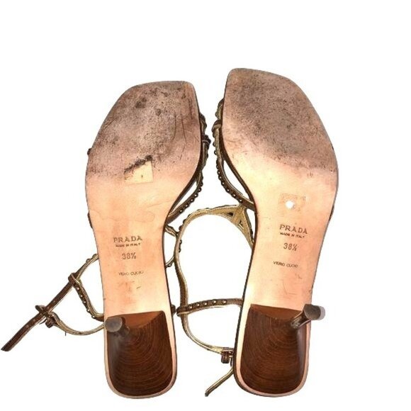 Prada Sandals Womens Size 8.5 Gold Studded Square Toe Brown Buckle Stiletto - Picture 3 of 9